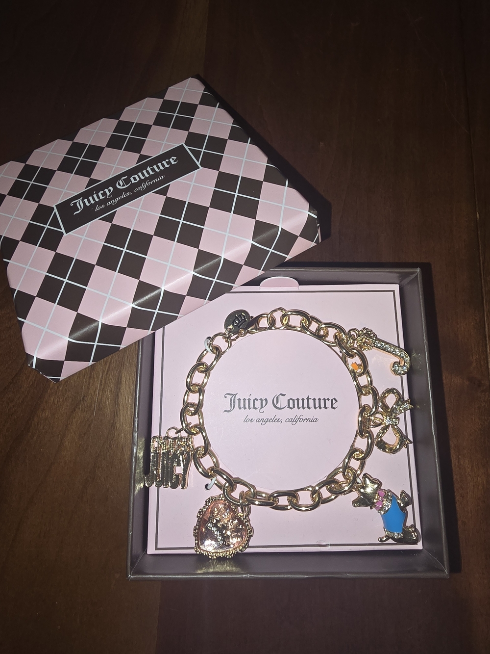 🔥 Juicy Couture Gold-Tone Charm Bracelet with Heart, Bow, and Dog Charms, NIB